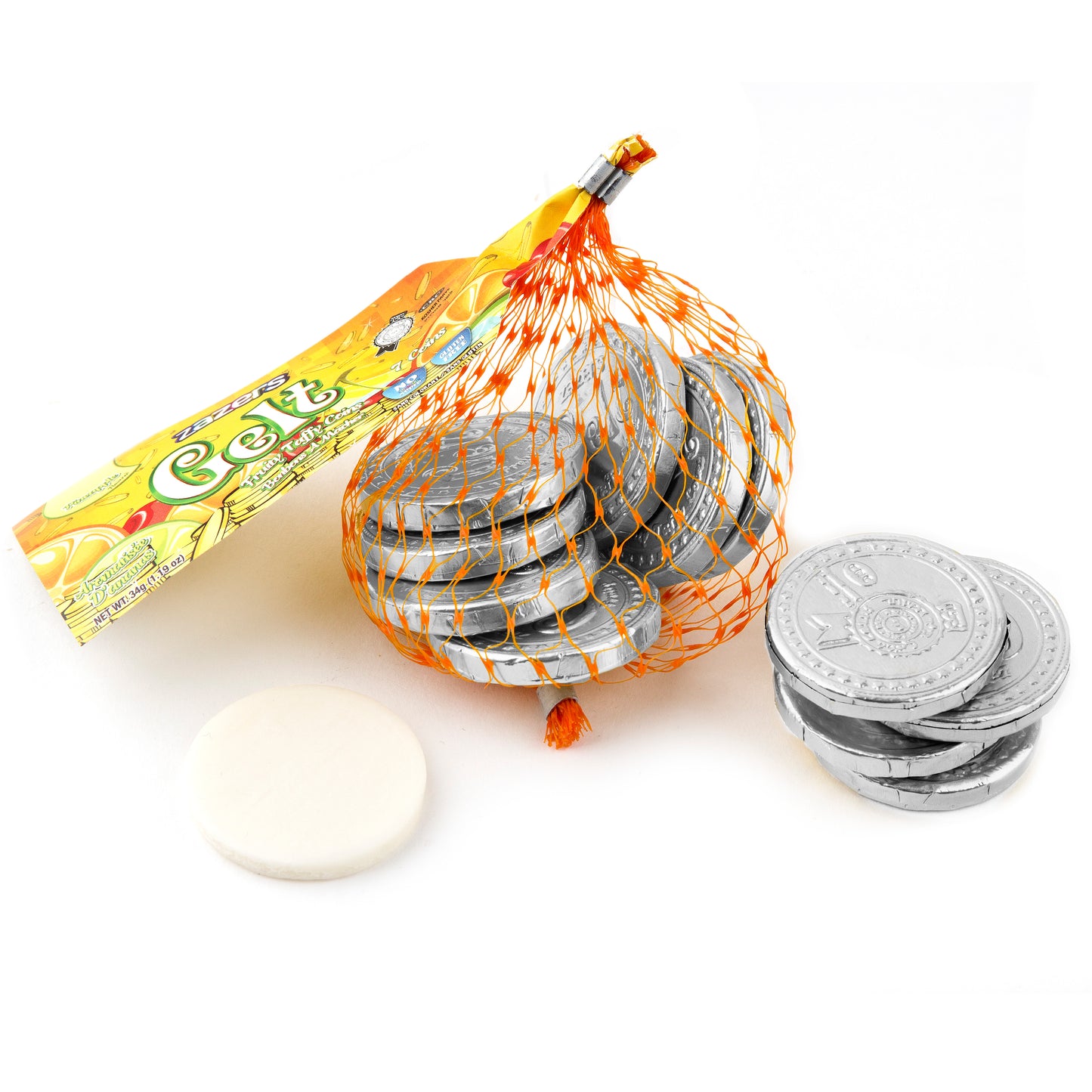 Hanukkah Green Apple Taffy Gelt Mesh Bags Silver Coins