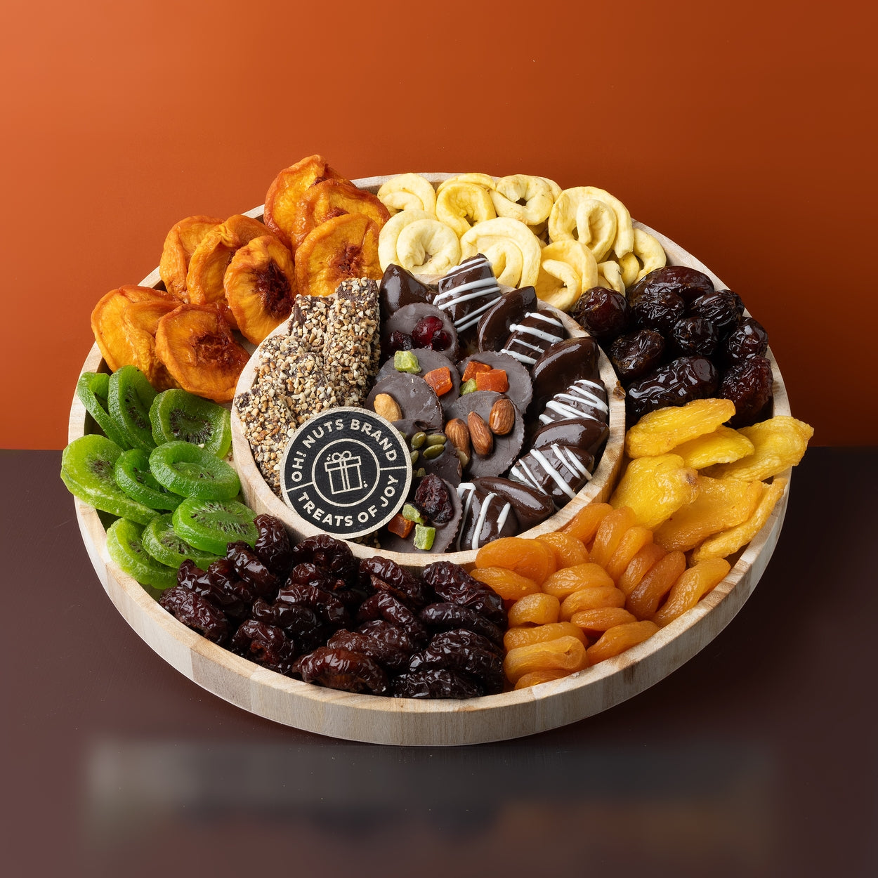 Tu Bishvat Dried Fruit Wooden Round Line Up Gift Basket