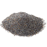 A pile of poppy seeds on a white background