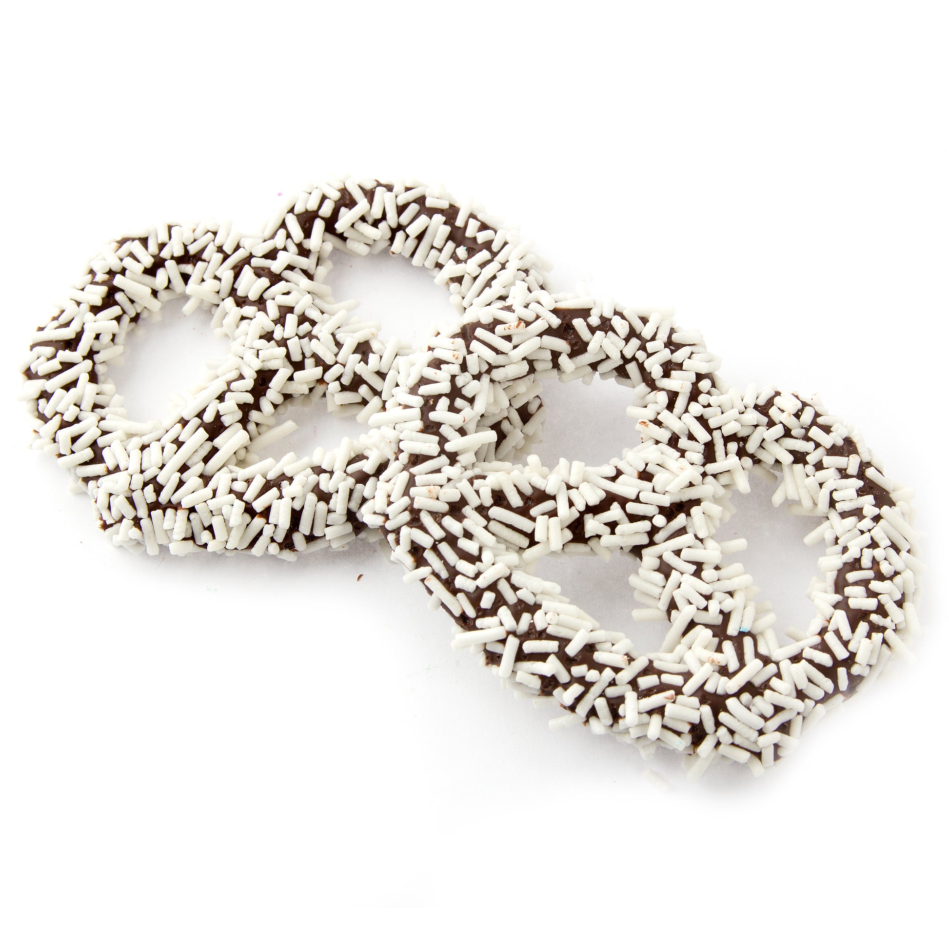Belgian Chocolate Covered Pretzels with White Sprinkles