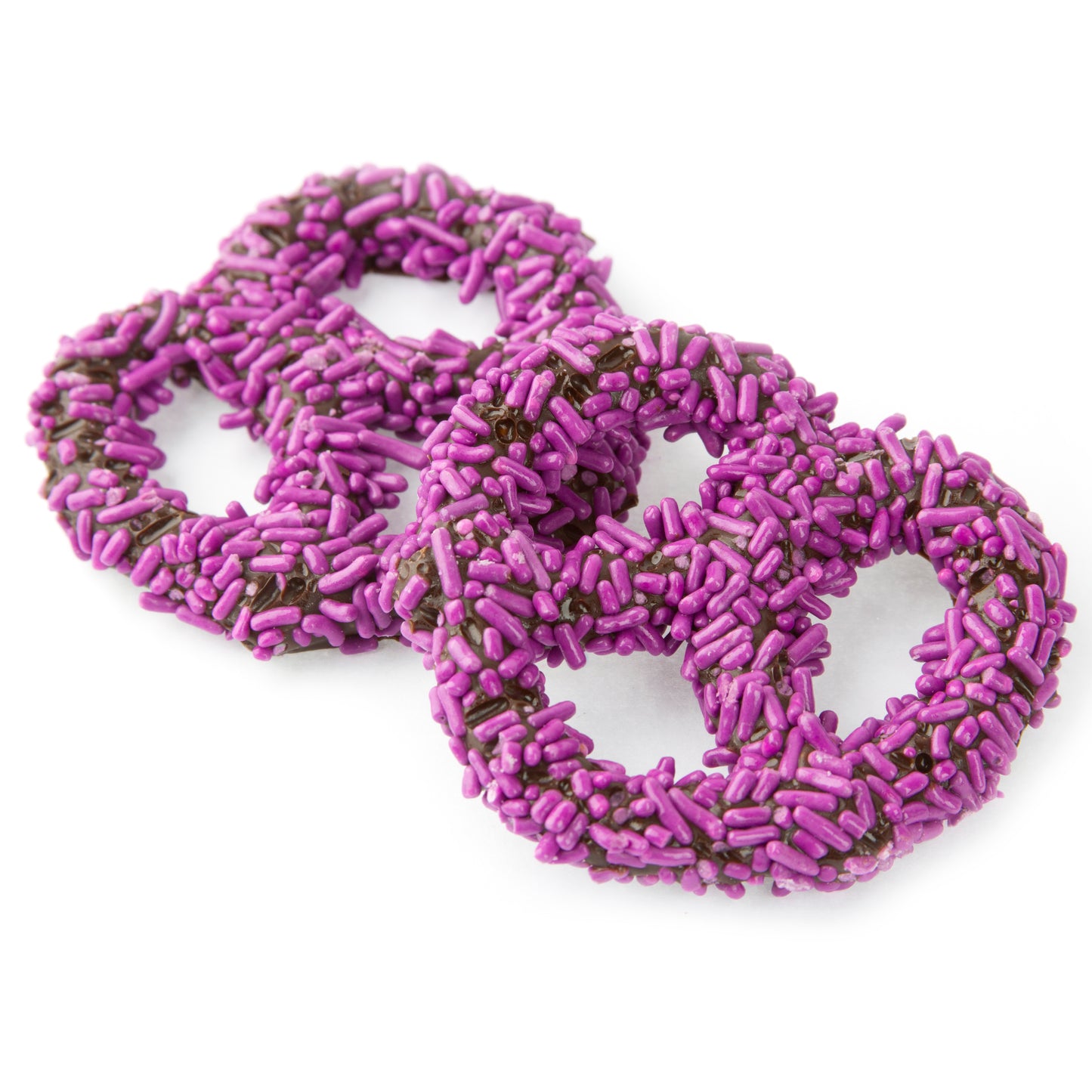 Belgian Chocolate Covered Pretzels with Purple Sprinkles