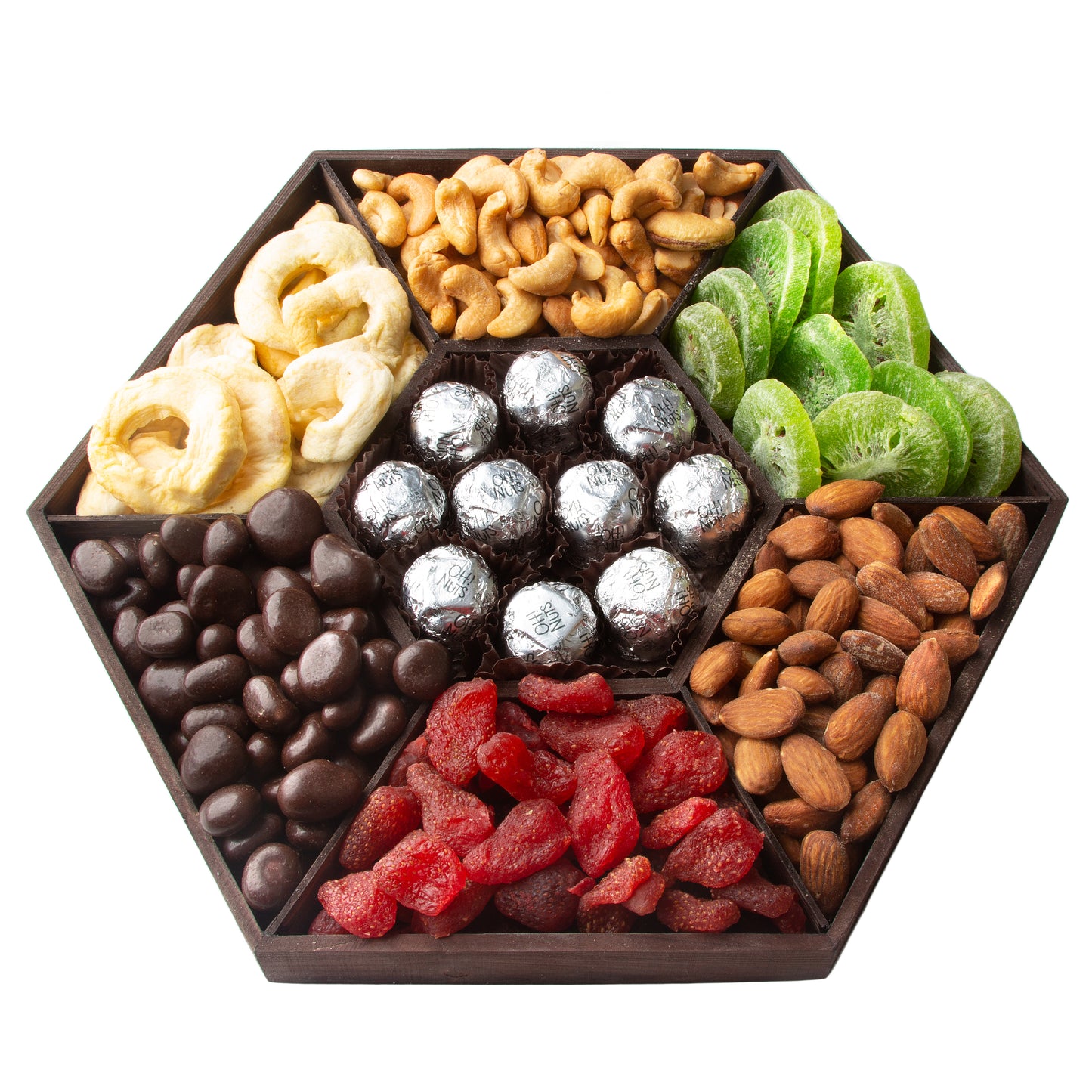 Holiday 7 Section Fruit, Nuts & Chocolate Wooden Gift Basket