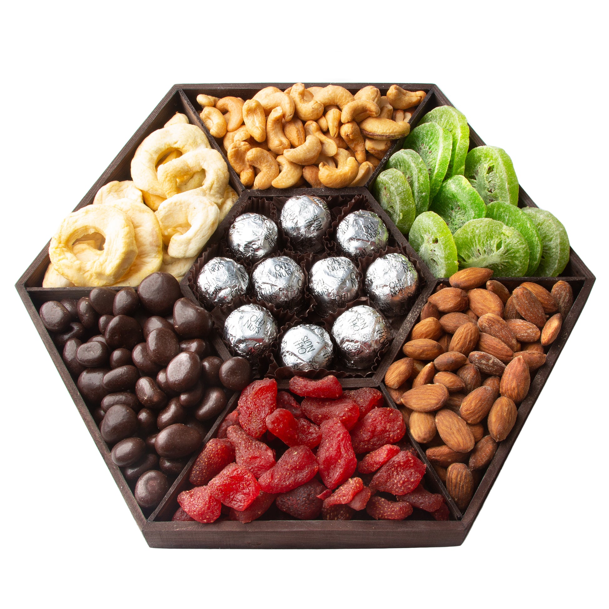 Holiday 7 Section Fruit, Nuts & Chocolate Wooden Gift Basket