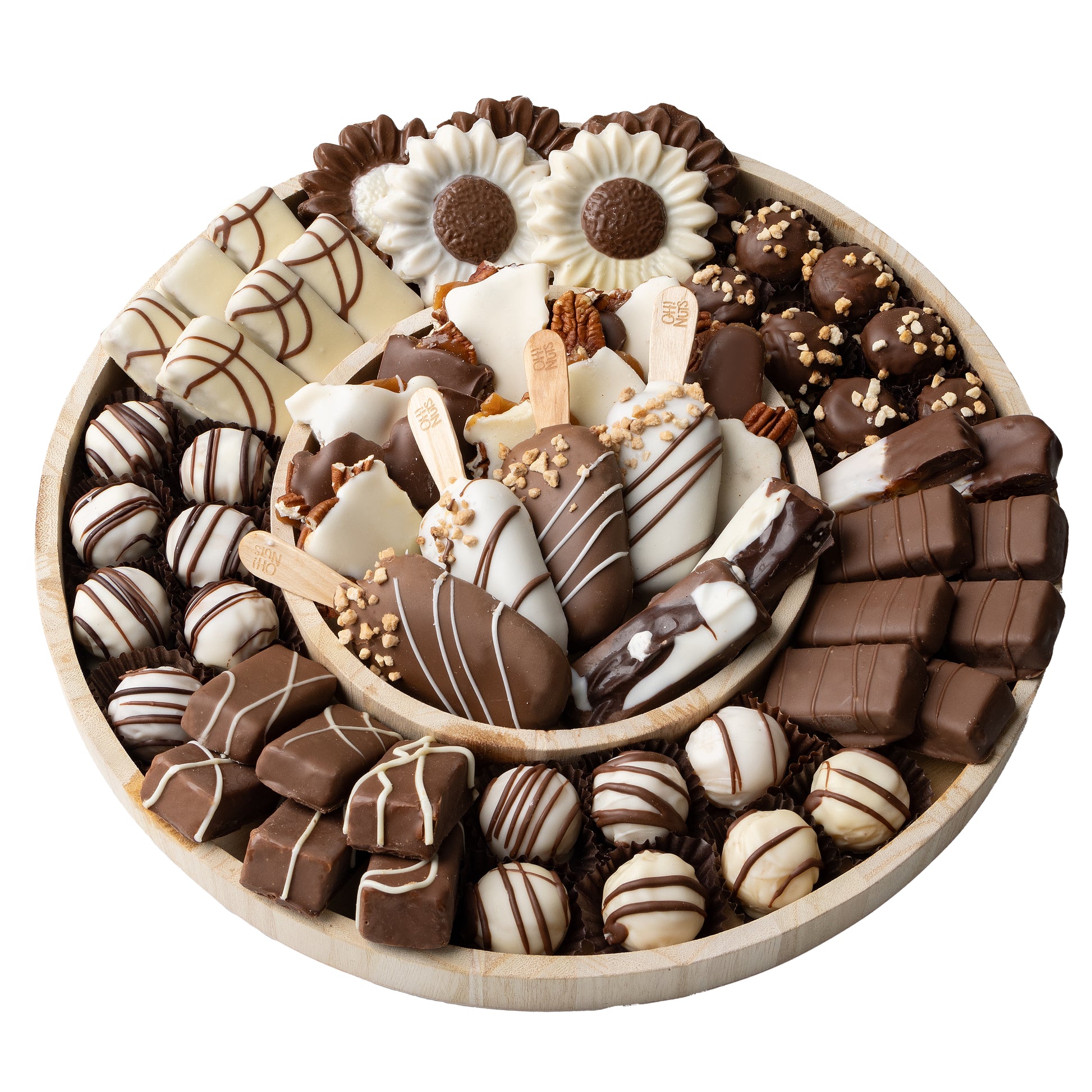 Shavuos Dairy Chocolate Round Wooden Line-Up Gift Basket