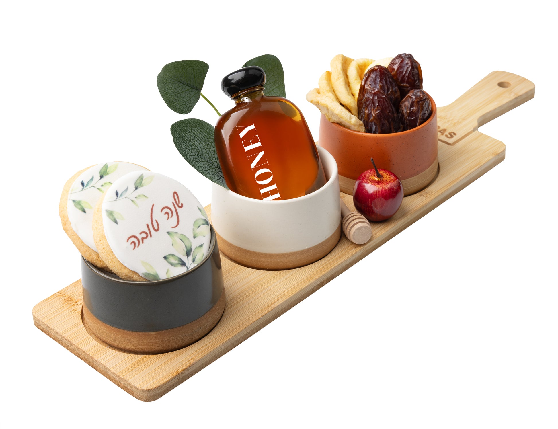 Rosh Hashanah Wooden Ceramic Trio Tray Gift Basket